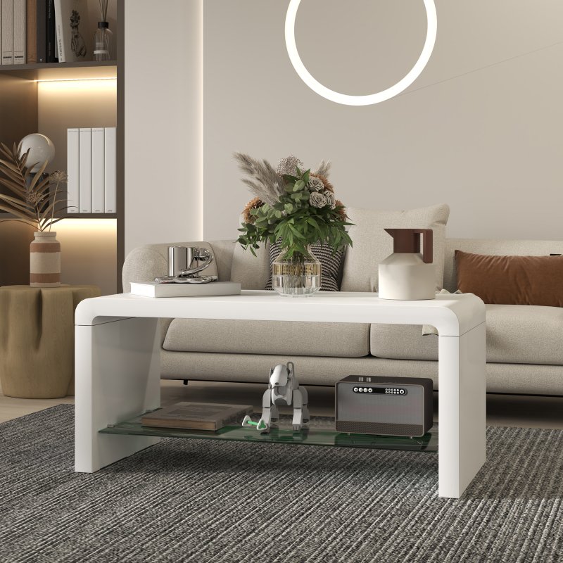 HOMCOM High Gloss Coffee Table with Storage, Two-Tier Living Room Table with Glass Shelf, Modern Centre Table for Home Office, 100 x 45 x 45cm, High Gloss White