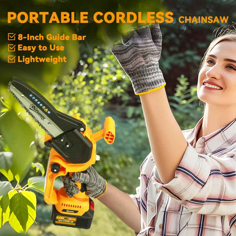 Outsunny Mini Chainsaw Cordless, 8 Inch Electric Chainsaw with 2 x 4000mAh Batteries, Brushless Motor and Safety Lock for Tree Trimming, Garden, Wood Cutting, Orange