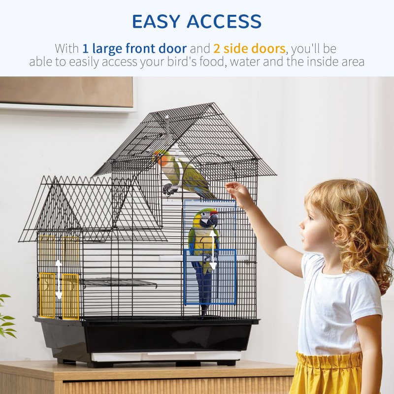 PawHut Metal Bird Cage for Finch, Canary w/ Food Containers, Swing Ring, Tray, Handle, 39 x 33 x 47cm