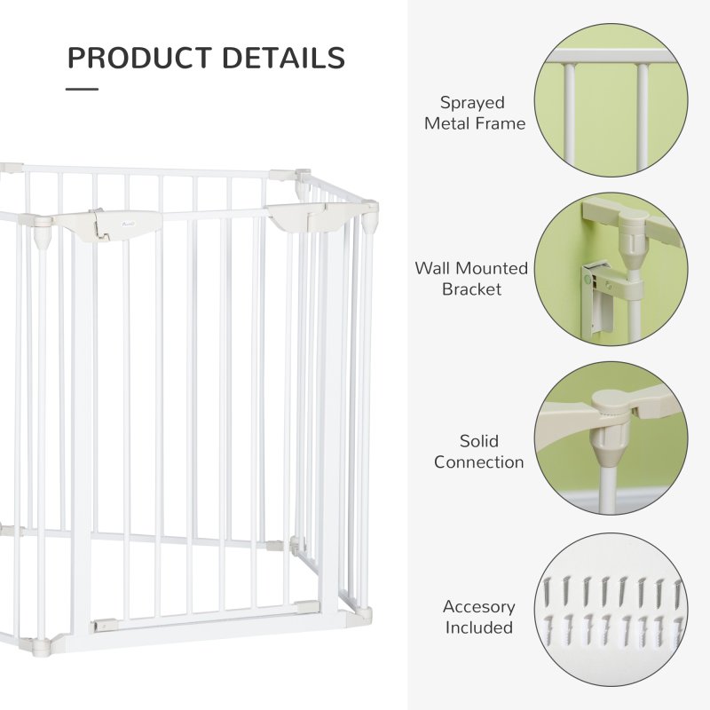 PawHut Pet Safety Gate, 5 Panels Playpen Fireplace, Metal Fence, Stair Barrier, Room Divider w/ Walk-Through Door - White