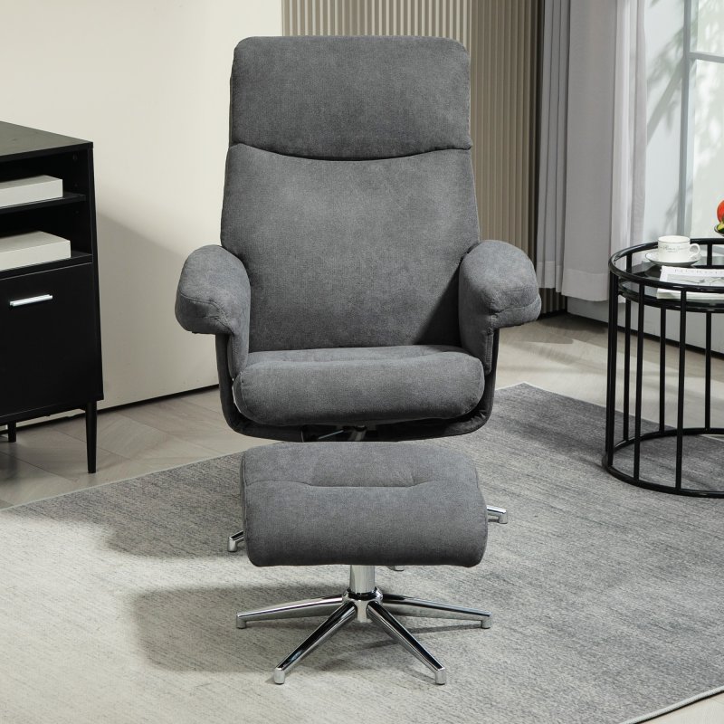 HOMCOM Recliner Chair with Footstool, Upholstered Velvet Fabric Armchair with Adjustable Back, Solid Wood Frame for Living Room, Charcoal Grey
