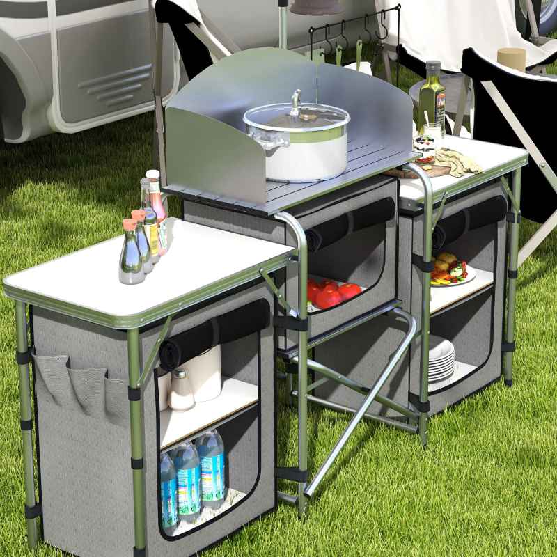 Outsunny Folding Camping Kitchen, Portable Aluminium Camping Table with 3 Fabric Cupboards, Windshield, Light Stand, Carrying Bag for BBQ, RV, Picnic, Grey