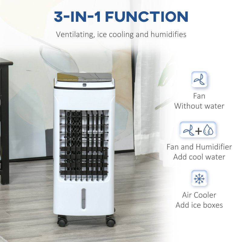 HOMCOM 3-in-1 Portable Air Cooler with 4L Water Tank, Evaporative Air Cooling Fan with Automatic Oscillation, 3 Speeds, 7.5H Timer, Remote, Wheels for Home Office, White