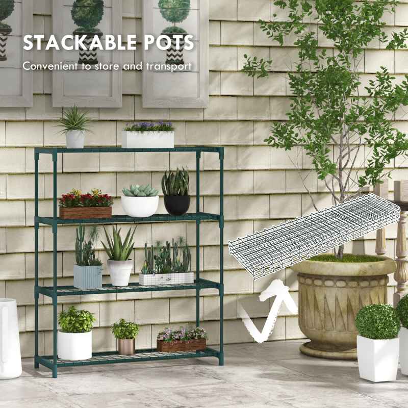 Outsunny Modern Plant Stand, 4-Tier Planter Holder with Steel Frame, Outdoor Flower Display Rack for Potted Plants Garden Balcony Decor, Dark Green