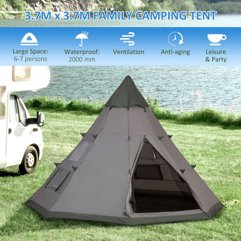 Outsunny 6 Men Tipi Tent, Camping Tent with Mesh Windows, Sewn-in Floor, Two Doors and Carry Bag, Easy Set Up, for Hiking Picnics Outdoor Night, Grey