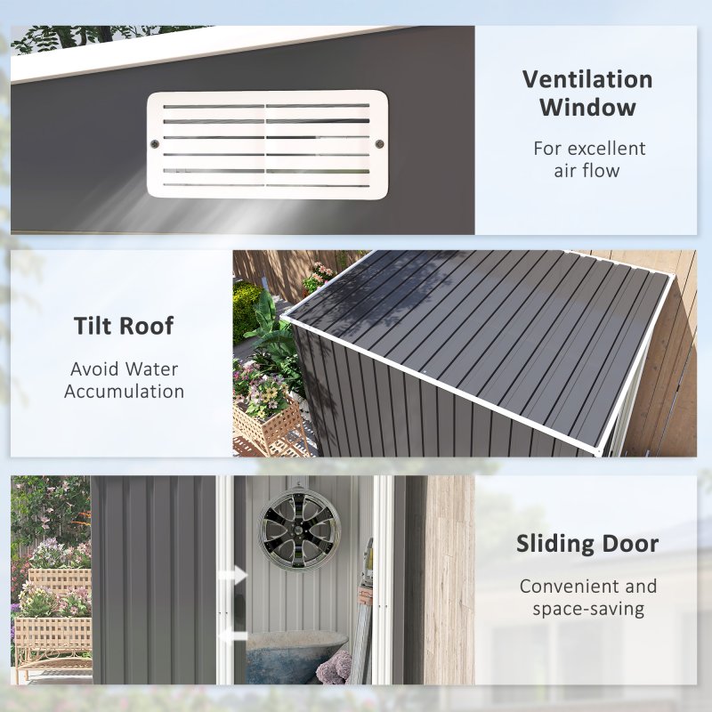 Outsunny 7 x 5FT Galvanised Metal Garden Shed with Foundation, Lean to Shed, Tool Storage House with Sliding Doors, 2 Vents, Adjustable Shelves and Hooks, Dark Grey
