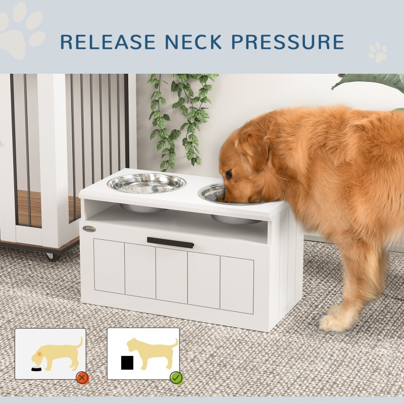 PawHut Raised Dog Bowl, Elevated Pet Bowls with Slow Feeder, Two Stainless Steel Bowls, Drawer, for Large & Extra Large Dogs, White