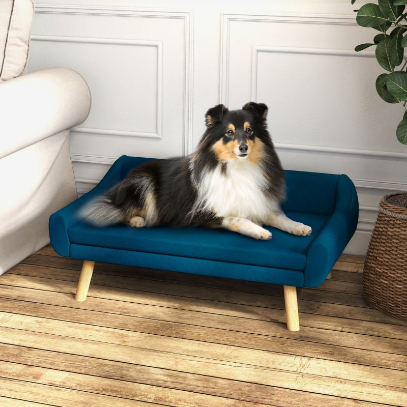 PawHut Dog Sofa Bed with Soft Cushion, Pet Couch with Wooden Frame, Removable and Washable Cover, for Medium and Large Dogs, Blue