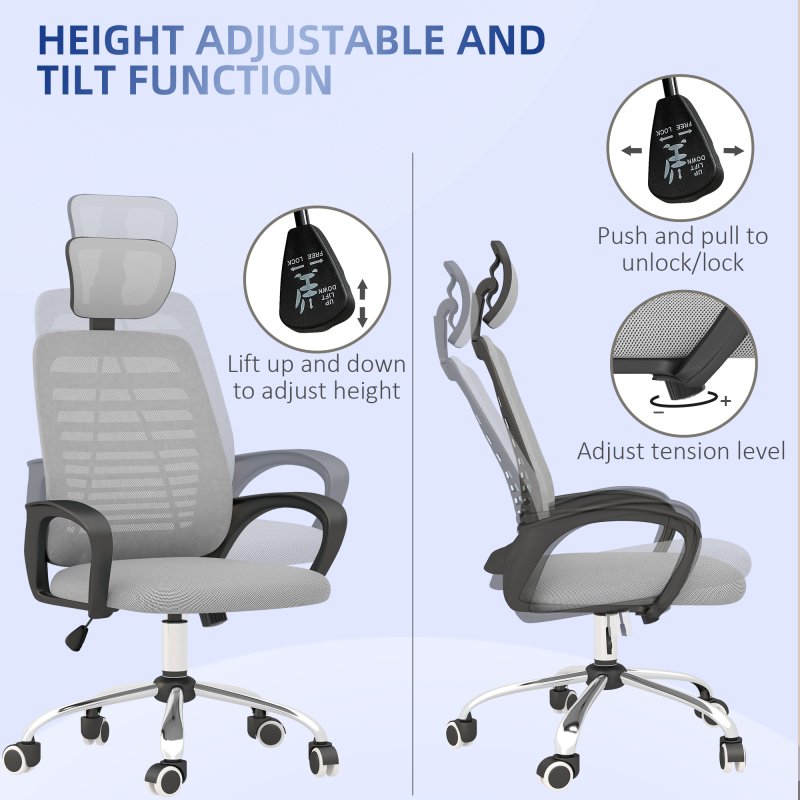 Vinsetto Mesh Office Chair, Ergonomic Computer Desk Chair with Adjustable Headrest, Lumbar Back Support, Armrest, Adjustable Height, Swivel Wheels, Grey