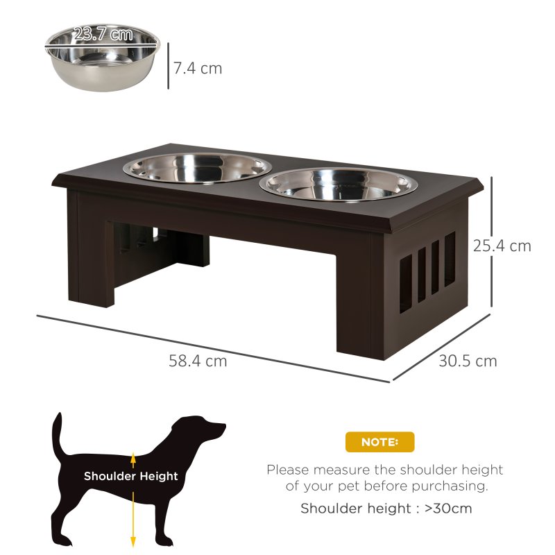 PawHut Raised Dog Bowl Feeding Bowls with Stand for Medium Dogs Elevated Pet Bowls Water Food Feeder 58L x 31W x 25H cm - Brown
