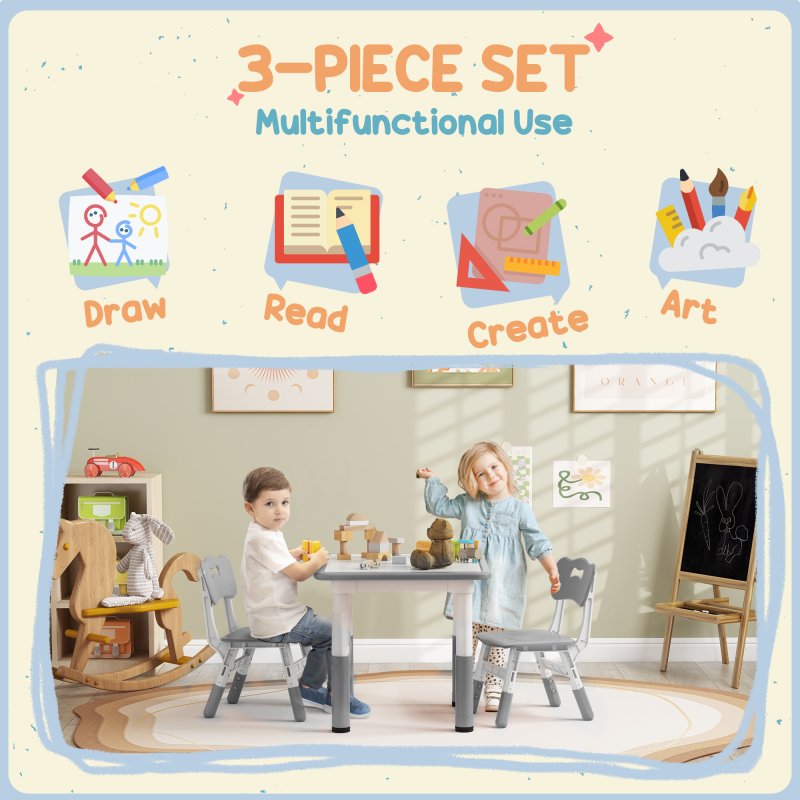 AIYAPLAY Kids Table and Chair Set, 3 Pcs Height Adjustable Activity Table Set with 2 Chairs, Easy to Wipe Arts & Crafts Table, for Classrooms, Daycares, Homes - Grey