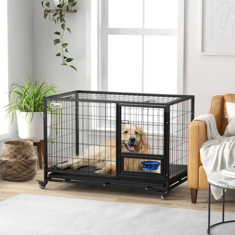 PawHut 48" Heavy Duty Dog Crate with Bowl Holder, Dog Cage on Wheels with Removable Tray, Openable Top, Detachable Door, Indoor Outdoor Use, for Large and Extra Large Dogs - Black