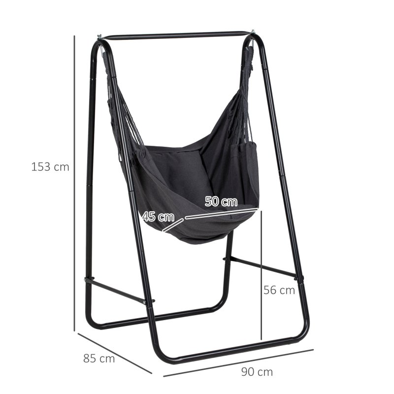 Outsunny Patio Hammock Chair with Stand, Outdoor Hammock Swing Hanging Rope Chair with Cushion, Armrest, Hooks, Dark Grey