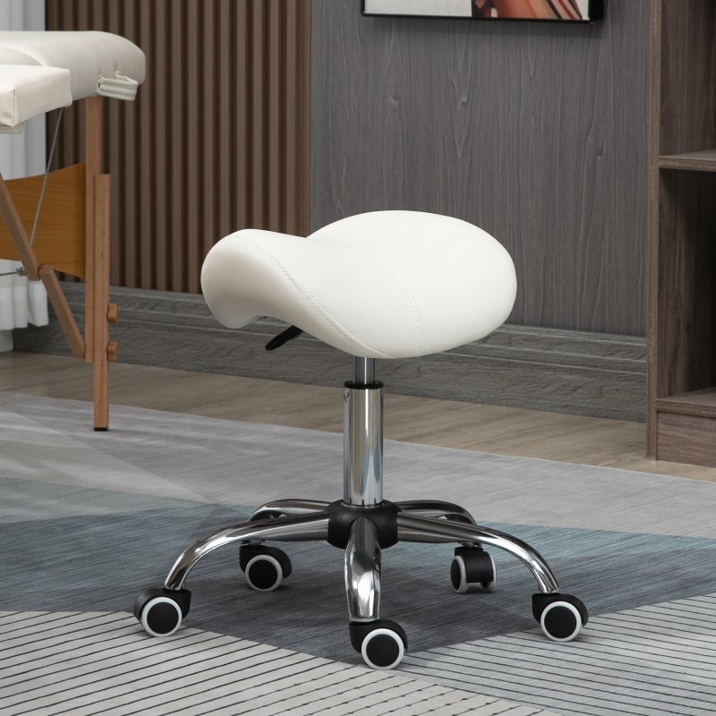 HOMCOM Cosmetic Stool 360?? Rotate Height Adjustable Salon Massage Spa Chair Hydraulic Rolling Faux Leather Saddle Stool Mobility, Cream