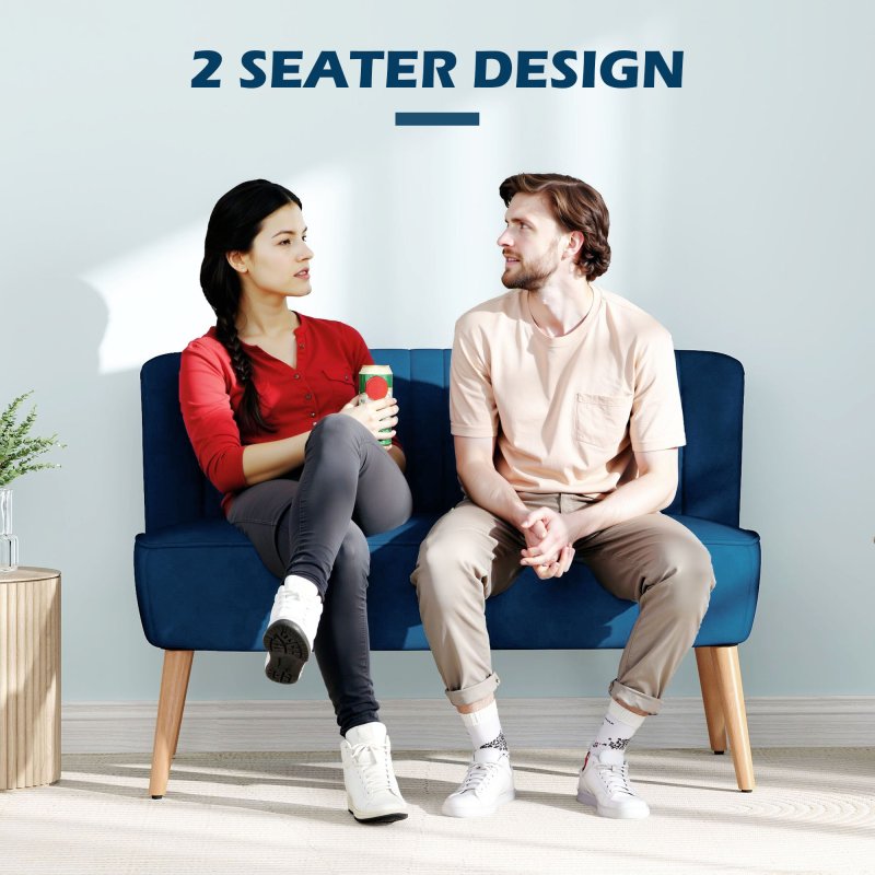 HOMCOM Modern Velvet Double Seat Sofa w/ Wood Frame Foam Padding High Back Soft Comfortable Compact Couch Home Office Stylish Plush Touch Blue