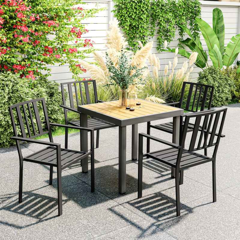 Outsunny Set of 4 Garden Chairs, Stackable Outdoor Chairs with Metal Slatted Seat & Backrest, for Yard, Garden, Black