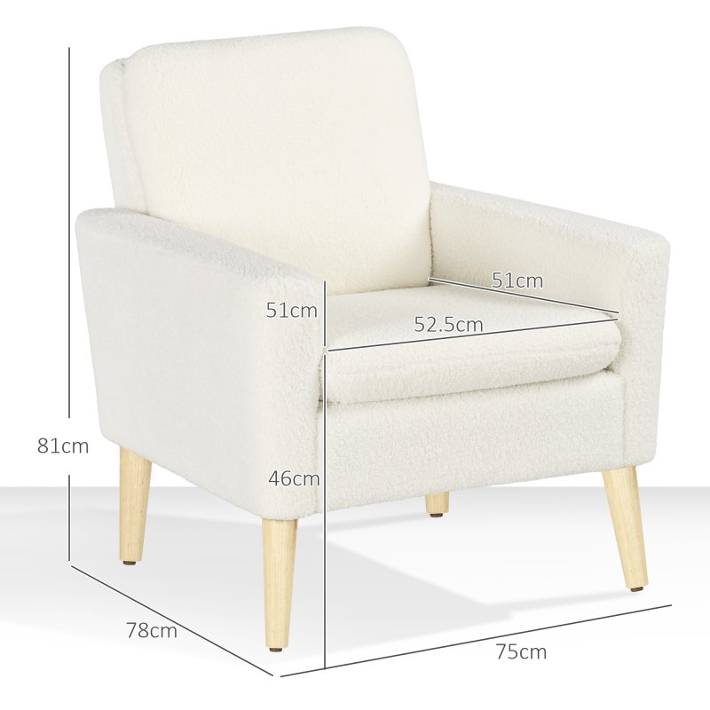 HOMCOM Armchair, Upholstered Accent Chair with Wood Legs and Wide Padded Seat, Teddy Occasional Chair, Cream White