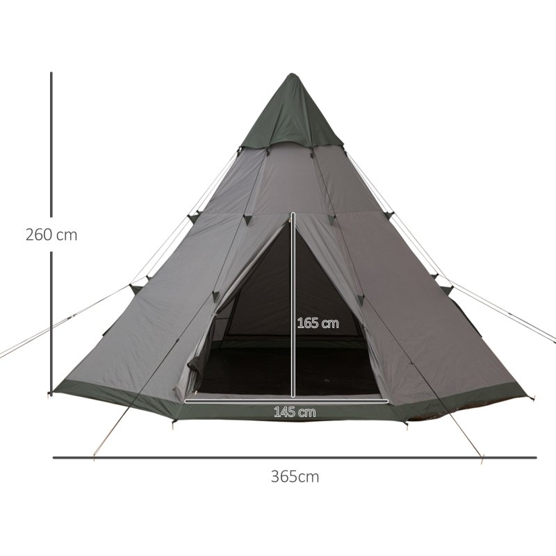 Outsunny 6 Men Tipi Tent, Camping Tent with Mesh Windows, Sewn-in Floor, Two Doors and Carry Bag, Easy Set Up, for Hiking Picnics Outdoor Night, Grey