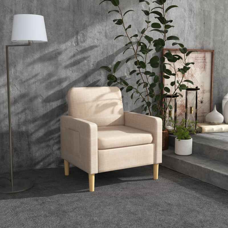 HOMCOM One Seater Sofa for Living Room, Modern Fabric Armchair with Wood Legs and 2 Pockets, Accent Chair for Bedroom and Home Office