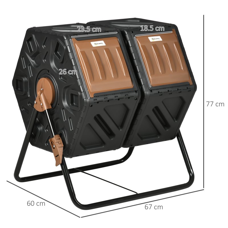 Outsunny Dual Chamber Garden Compost Bin, 130L Rotating Composter, Compost Maker with Ventilation Openings and Steel Legs, Dark Brown and Black