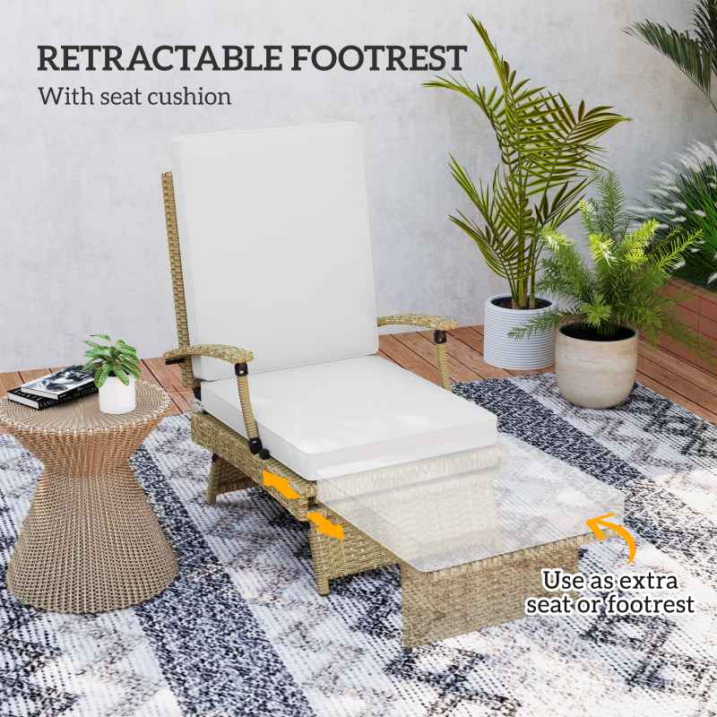 Outsunny Outdoor PE Rattan Recliner Chair with Cushion, Foldable Design Garden Recliner Chair with Retractable Footrest and Adjustable Back with 80 degree Recline, Beige