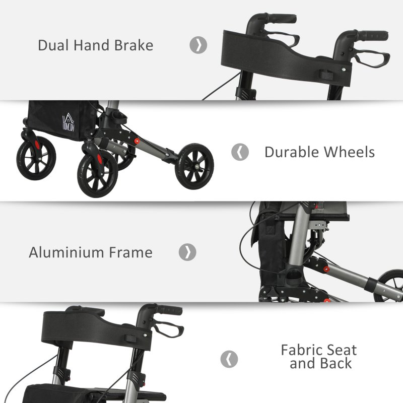 HOMCOM 4 Wheel Rollator with Seat and Back, Folding Mobility Walker with Carry Bag, Adjustable Height, Dual Brakes, Cane Holder, Lightweight Aluminium Walking Frame for Seniors and Disabled