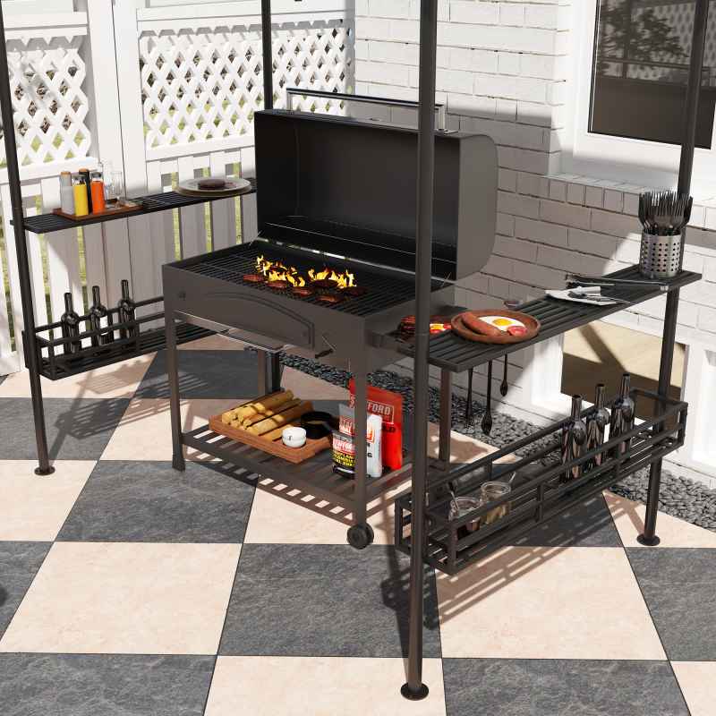 Outsunny 8' x 5' Grill Gazebo Canopy, Double Tiered Outdoor BBQ Gazebo Shelter with 2 Side Shelves, Storage Baskets, Hook for Garden, Patio, Barbecue, Picnic, Dark Grey