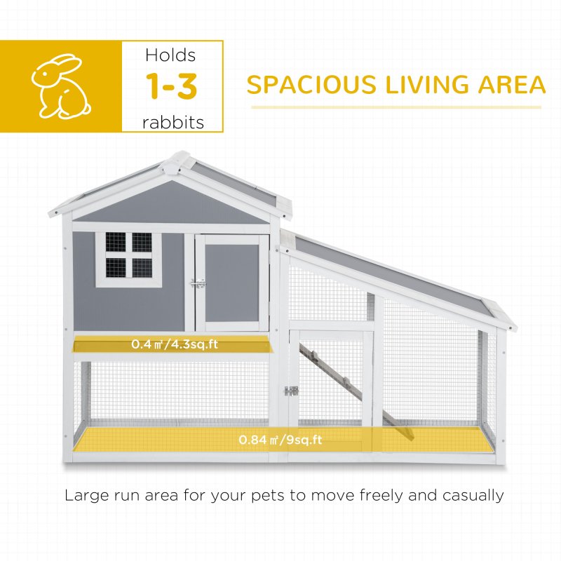 PawHut Wooden Rabbit Hutch 2 Tier Guinea Pig Cage Bunny Run w/ Sunlight Panel Roof and Slide-Out Tray - Grey