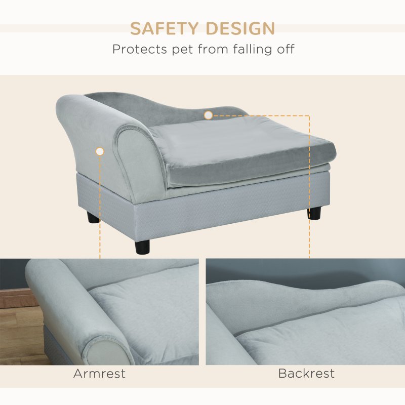 PawHut Dog Sofa with Storage, Pet Chair for Small Dogs, Cat Couch with Soft Cushion, Light Grey, 76 x 45 x 43 cm