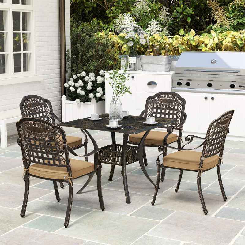 Outsunny 5 Pieces Cast Aluminium Garden Dining Set, 4 Seater Garden Table and Chairs with Parasol Hole, Outdoor Garden Furniture Set with Cushions for Patio, Bronze Tone