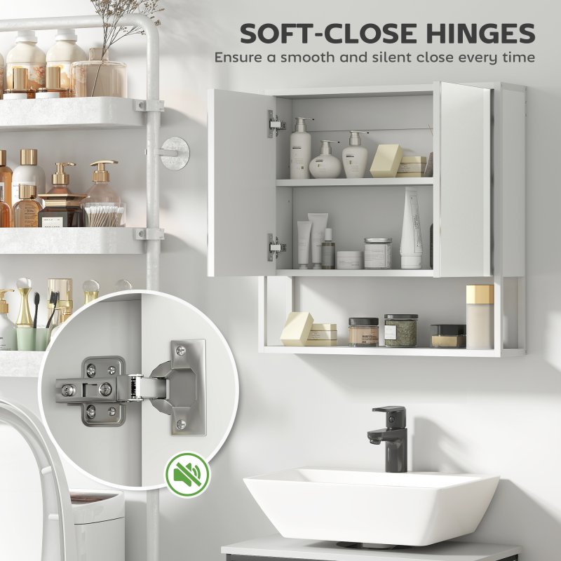HOMCOM Bathroom Mirror Cabinet Wall Mounted with Soft-Close Doors and Adjustable Shelf, Industrial Bathroom Wall Cabinet with Open Storage, 60 x 16 x 60 cm