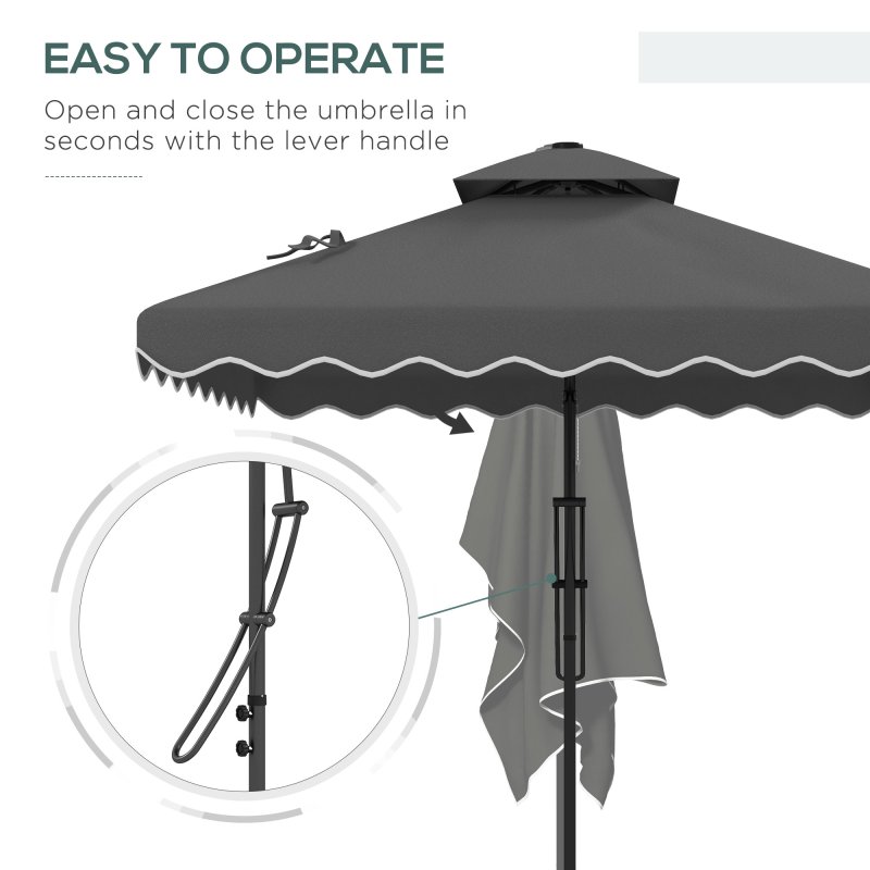 Outsunny 2.5m Cantilever Parasol with Easy Lever, Square Double Top Garden Parasol Umbrella with Ruffles and Cross Base, Overhanging Outdoor Sun Shades, Dark Grey