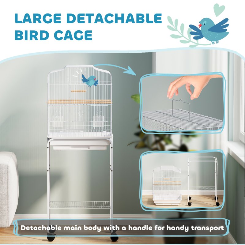 PawHut Bird Cage Budgie Cages for Finch Canary Parakeet with Stand Wheels Slide-out Tray Accessories Storage Shelf, White 46.5 x 36 x 124 cm