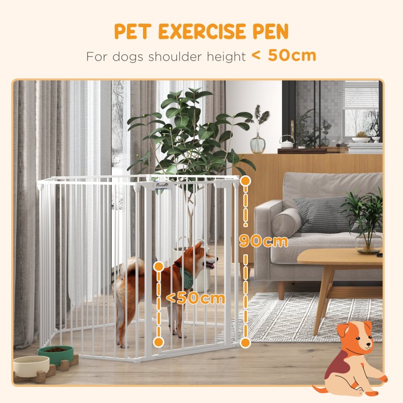 PawHut 2 in 1 Multifunctional Dog Pen, Safety Pet Gate, 6 Panels Dog Playpen with Double-Locking Door, Foldable Dog Barrier for Medium Dogs, 90Hcm - White