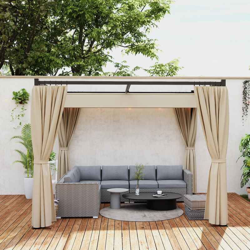 Outsunny 3 x 3(m) Pergola with Retractable Roof Canopy and Curtains, Metal Frame Garden Gazebo Outdoor Sun Shade Shelter for Grill, Patio, Deck, Beige
