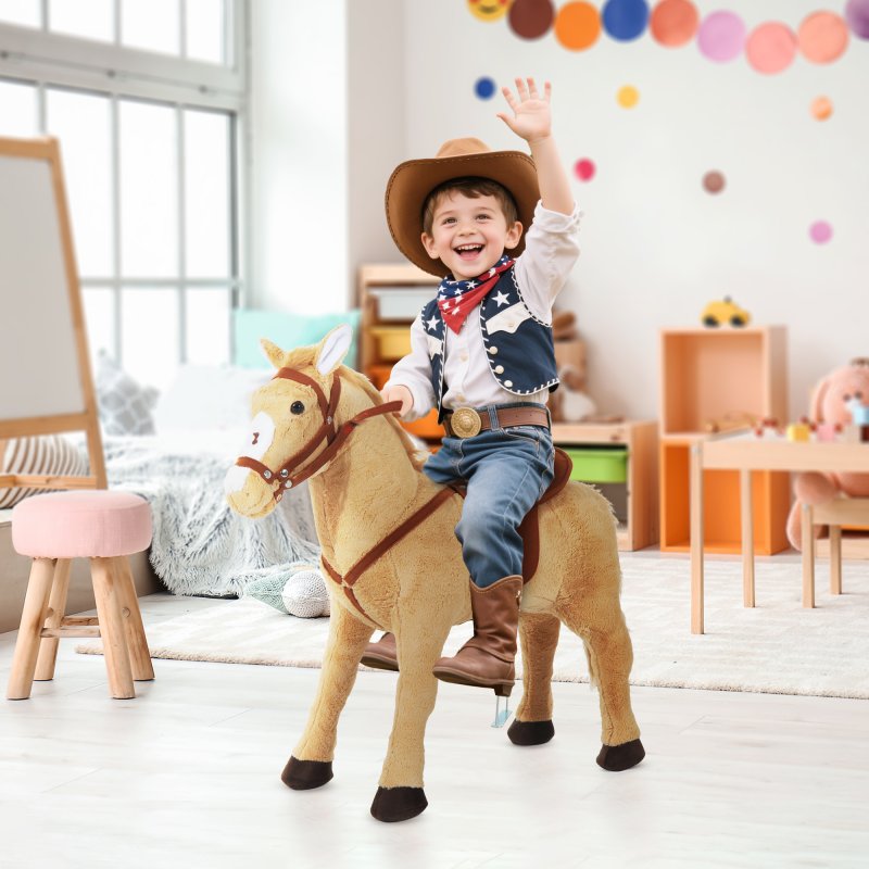 HOMCOM Kids Ride On Standing Horse Cuddly Toy Children Plush Soft Pony Gift w/ Neigh Sound or 3 Years and Up Beige