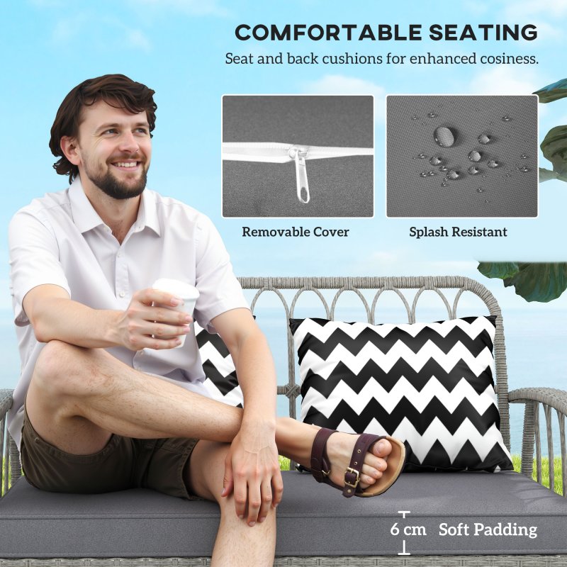 Outsunny 4 Piece Rattan Garden Furniture Set, Garden Sofa Set with 5-Level Adjustable Armchairs, Loveseat, Coffee Table and Cushions, Wicker Outdoor Conservatory Furniture for Patio Balcony, Grey