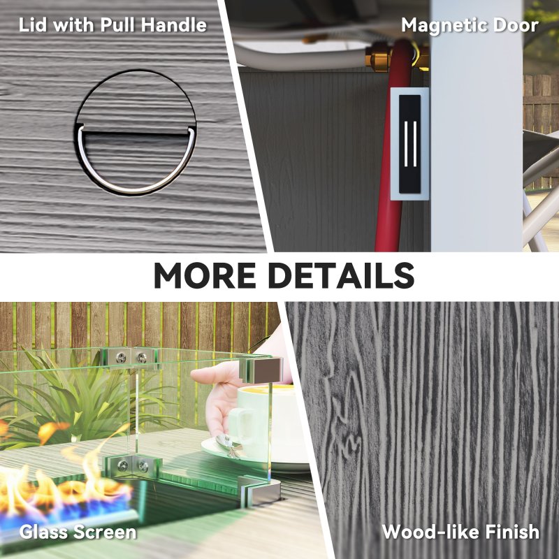 Outsunny Propane Gas Fire Pit Table for Garden, 50000 BTU Smokeless Firepit Outdoor Heater with Waterproof Cover, Glass Screen, Glass Beads and Lid, Wood Effect, 109 x 56 x 63cm, Dark Grey