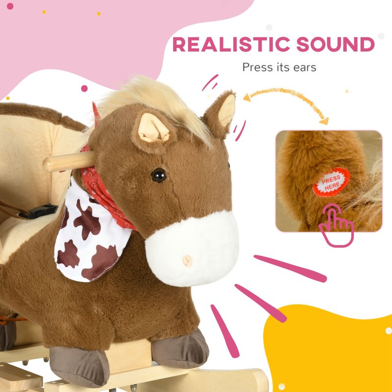 HOMCOM Kids Rocking Horse Plush Ride On Horse with Safety Belt, Realistic Sounds, Foot Pedals for Toddlers Aged 18-36 Months - Brown