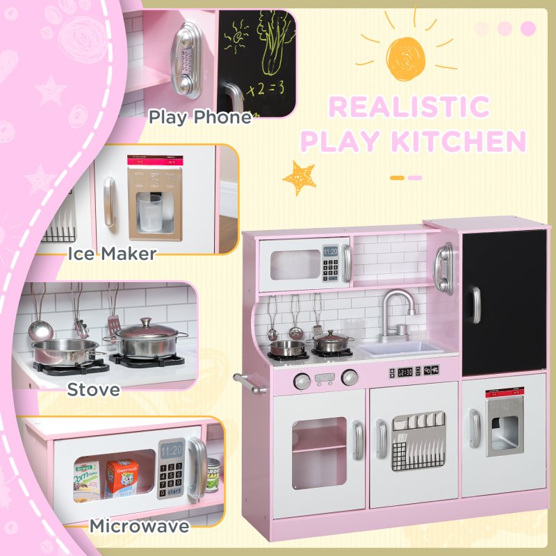 AIYAPLAY Play Kitchen, Kids Kitchen Playset Toy with Chalkboard, Toy Phone, Microwave, Ice Maker, Cooking Stoves, Sink, for Boys Girls Ages 3-8 Years, Pink
