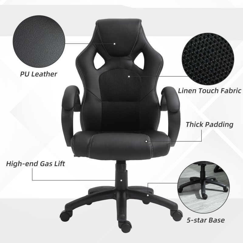 Vinsetto Gaming Chair Faux Leather Swivel Computer Racing Gamer Desk Chair for Home Office with Wheels, Black