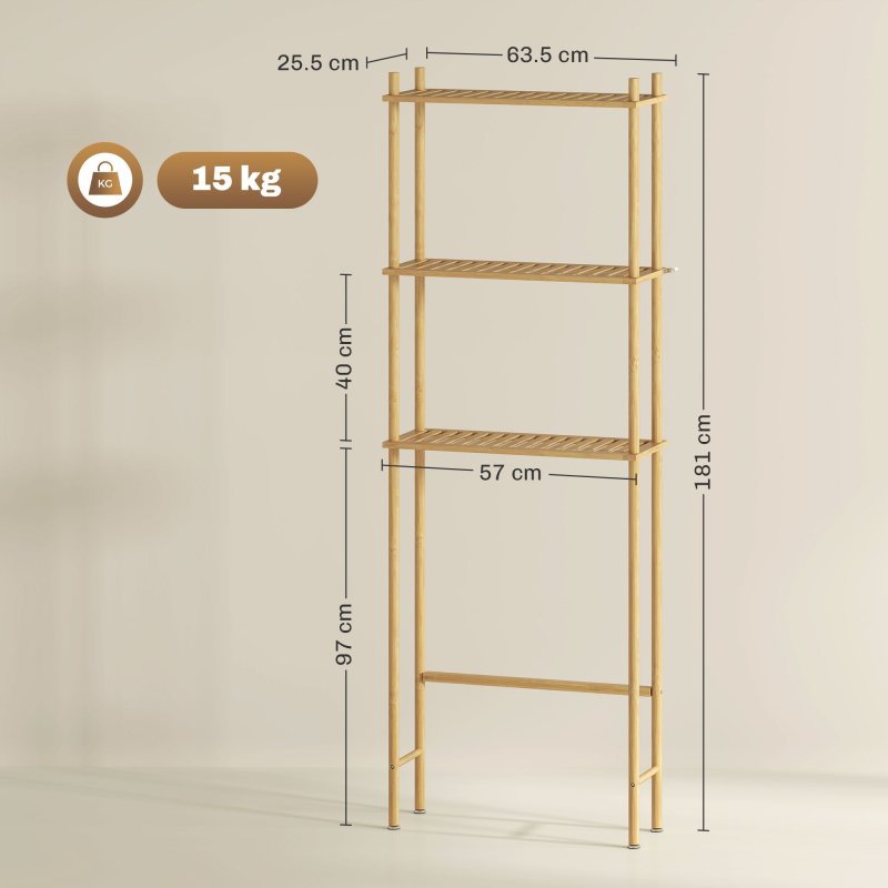 HOMCOM Bamboo Over Toilet Storage Unit with 3 Slatted Shelves, 3-Tier Freestanding Bathroom Shelf, Bathroom Space Saver, Natural Wood Finish
