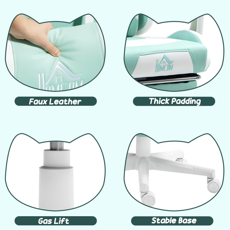 HOMCOM Gaming Chair for Adults with Cat Ears, Faux Leather Reclining Computer Chair with Footrest, Lumbar Support and Headrest, Height Adjustable Swivel Seat, Light Blue