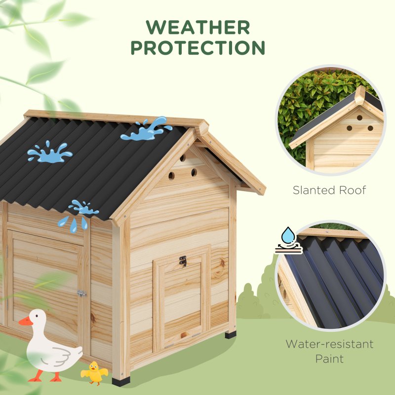 PawHut Wooden Duck House, Raised Poultry Coop with Double Doors, Openable Roof, Ventilation Holes, Removable Base, Natural Wood Finish