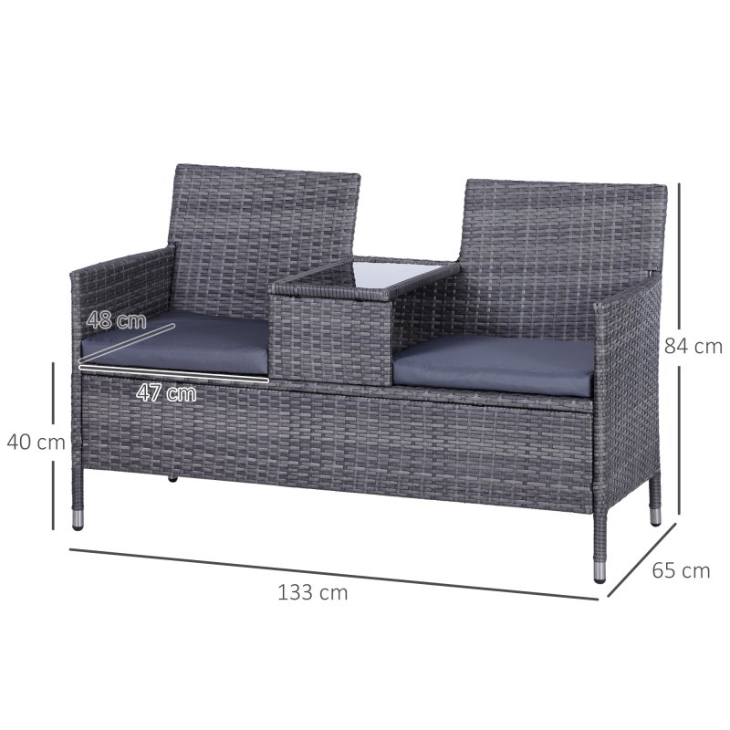 Outsunny 2 Seater Rattan Sofa with Cushions, Wicker Garden Loveseat with Armrests, Outdoor Garden Sofa Couch with Metal Frame for Patio, Mixed Grey
