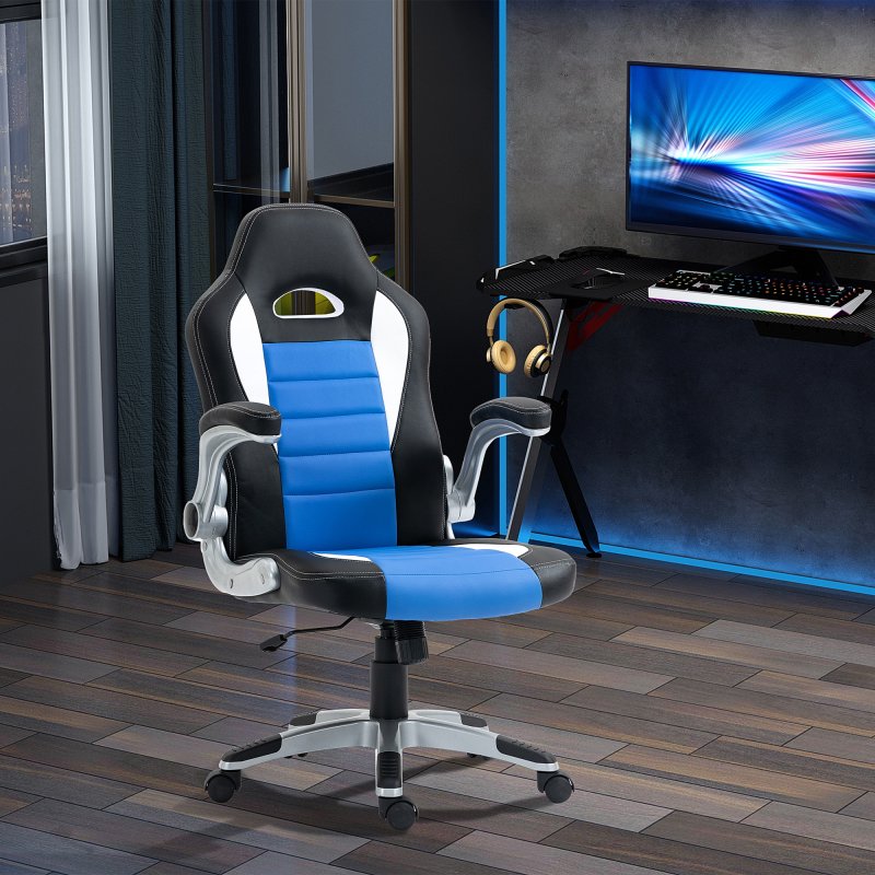 HOMCOM Computer Gaming Chair, Office Desk Swivel Chair, PU Leather Racing Chair with 90?? Flip-up Armrest, Adjustable Height and Rolling Wheels, Blue