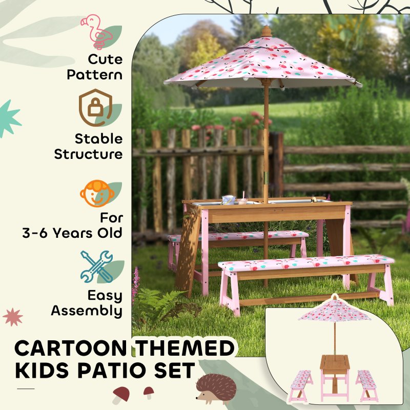 AIYAPLAY Kids Picnic Table, Wooden Children Garden Table and Bench Set with Removable & Foldable Umbrella, Cushions, Storage Boxes, Flamingo Theme Outdoor Furniture for Boys Girls, Pink
