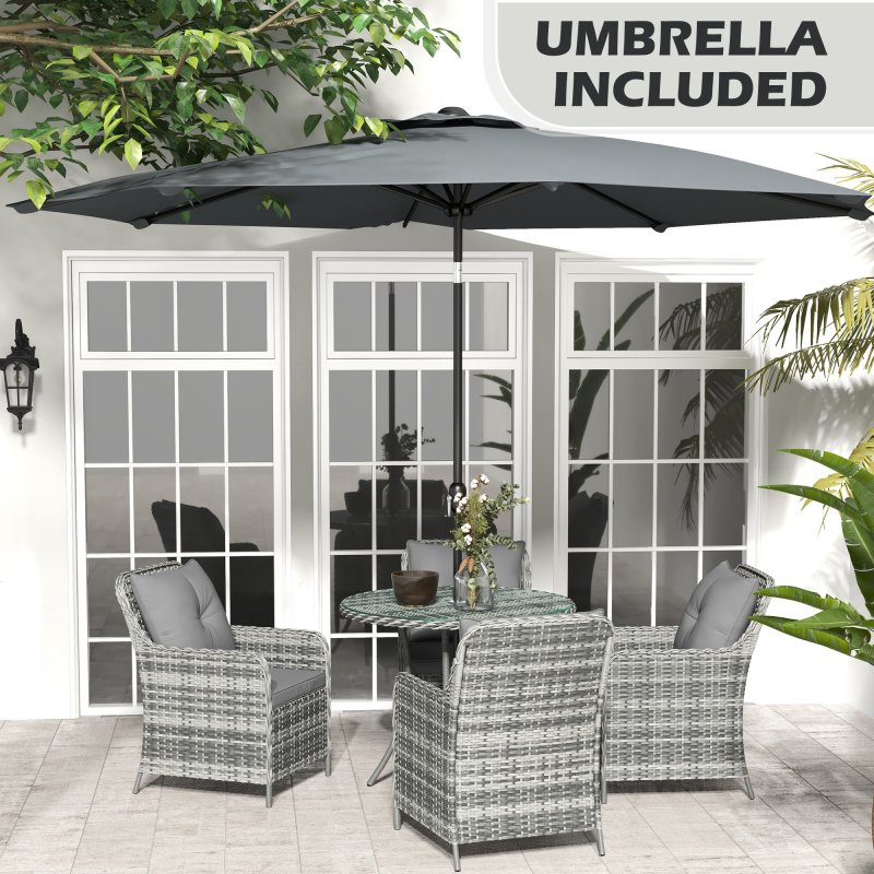 Outsunny 4 Seater Rattan Dining Set with Parasol, Luxury Rattan Garden Furniture Set with Seat and Back Cushions, Outdoor Table and Chairs, Round Glass Top Table