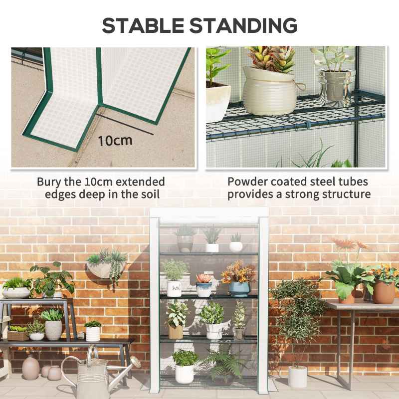 Outsunny 4 Tier Lean-to Mini Greenhouse with Reinforced PE Cover, Portable Small Greenhouse with Roll-Up Door, Green Hemmed Edging, 110 x 50 x 171cm, Green