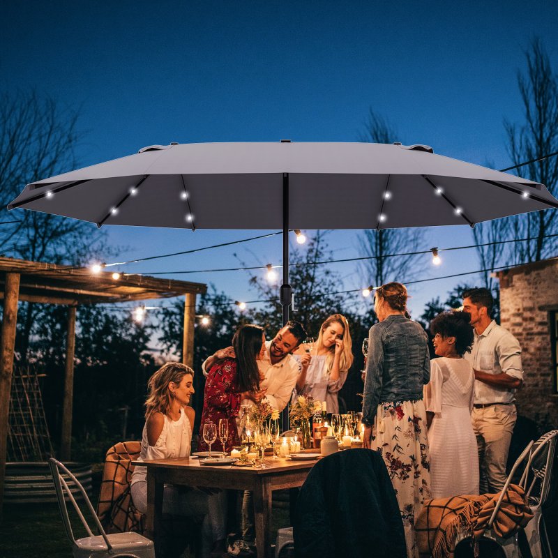 Outsunny 4.4m Double-Sided Sun Umbrella Garden Parasol Patio Sun Shade Outdoor with LED Solar Light, NO BASE INCLUDED, Dark Grey